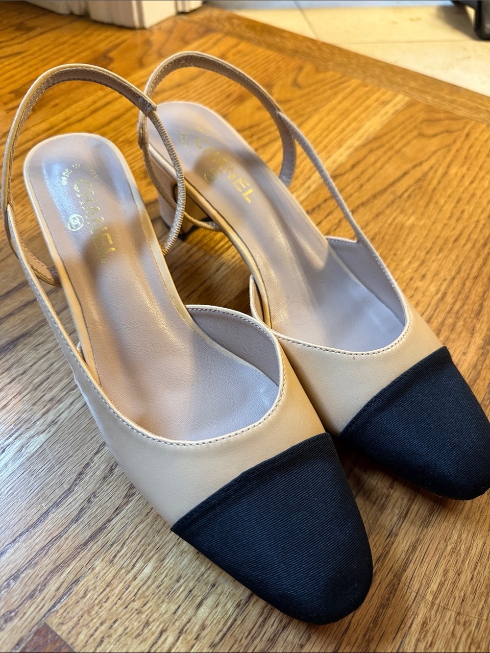 Chanel Beige Slingback Pumps with Black Cap Toe